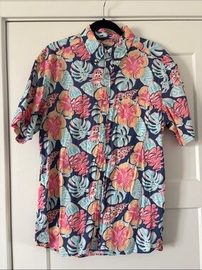 Vineyard Vines Floral Button-Down Shirt with Coral and Aqua Accents